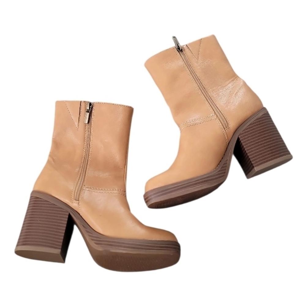 Sun + Stone Tan Camel Block Heeled Ankle Boots Size 5 - Picture 5 of 7